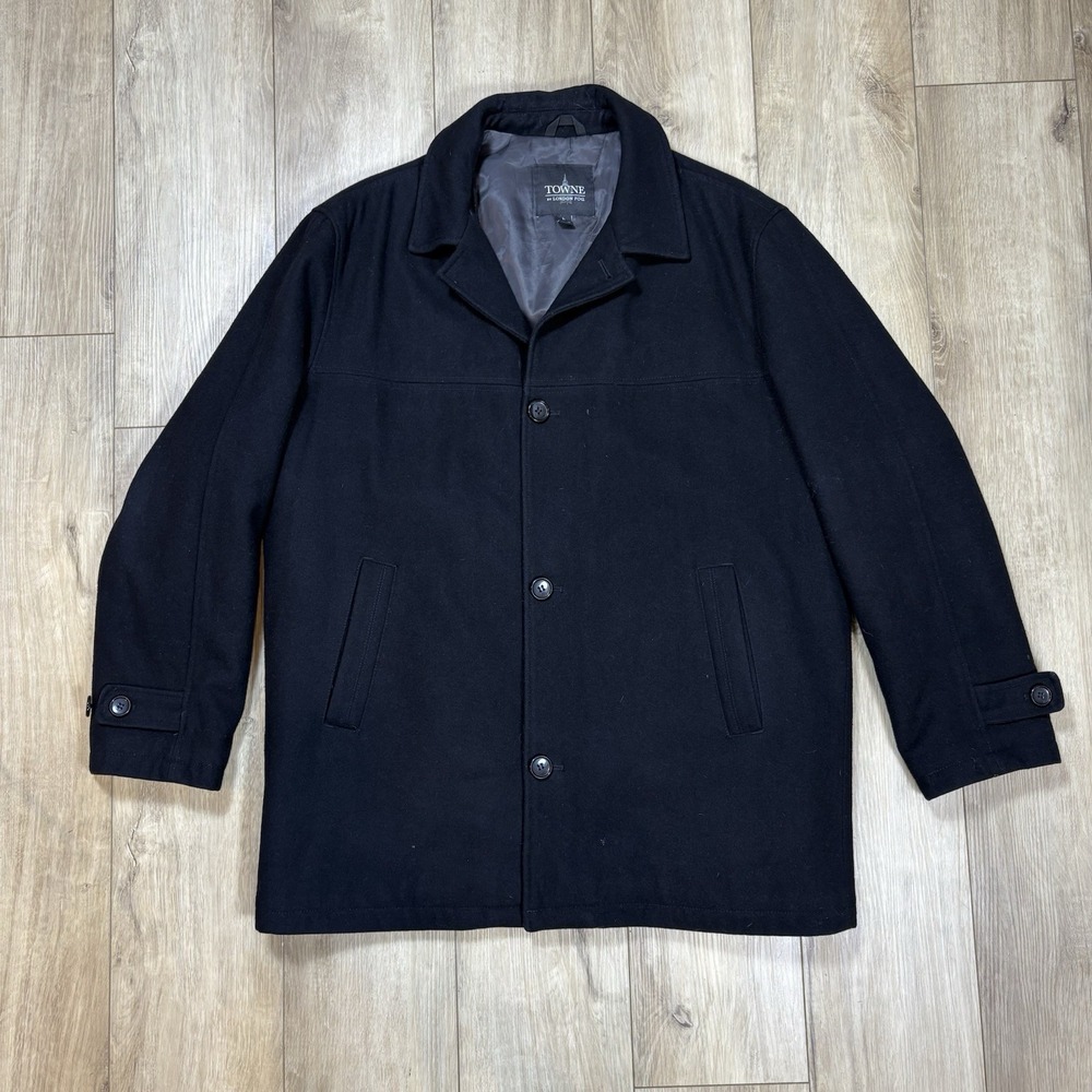 Towne By London Fog Peacoat Mens Large Black Wool‎ Single Breasted Jacket